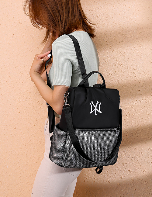 Fashion Black Oxford Cloth Contrast Embroidered Backpack