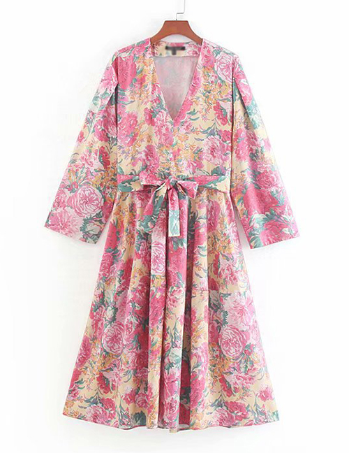 Fashion Color Floral Printed Lace V-neck Dress