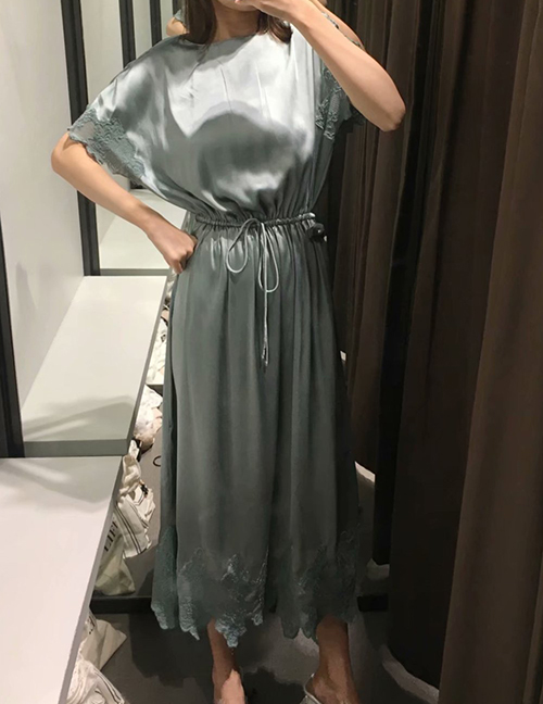 Fashion Lake Green Splicing Silk Satin Dress