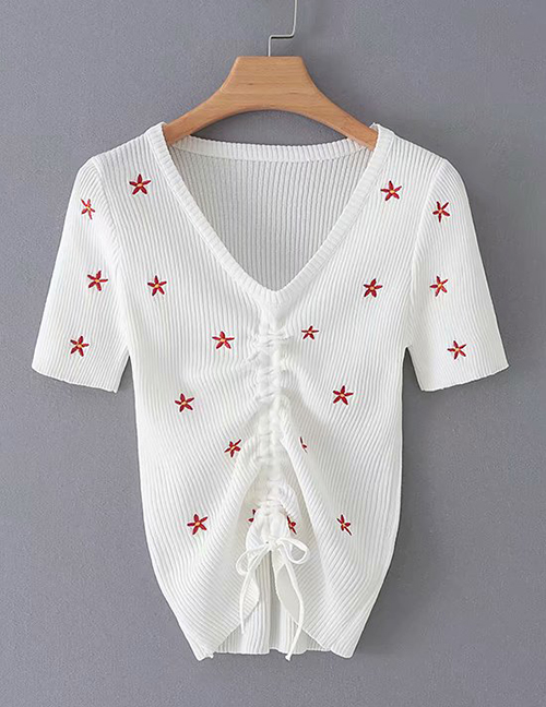 Fashion White Embroidered V-neck Drawstring T-shirt