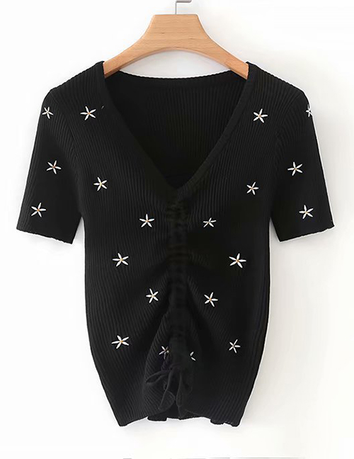 Fashion Black Embroidered V-neck Drawstring T-shirt