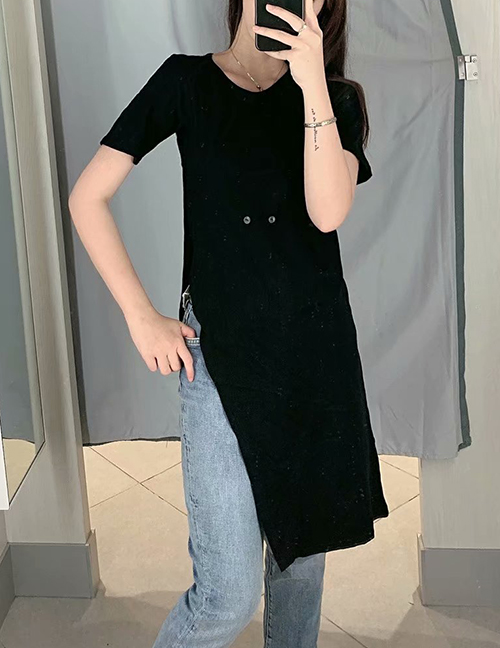 Fashion Black Side Slit Buttoned Two-piece Dress