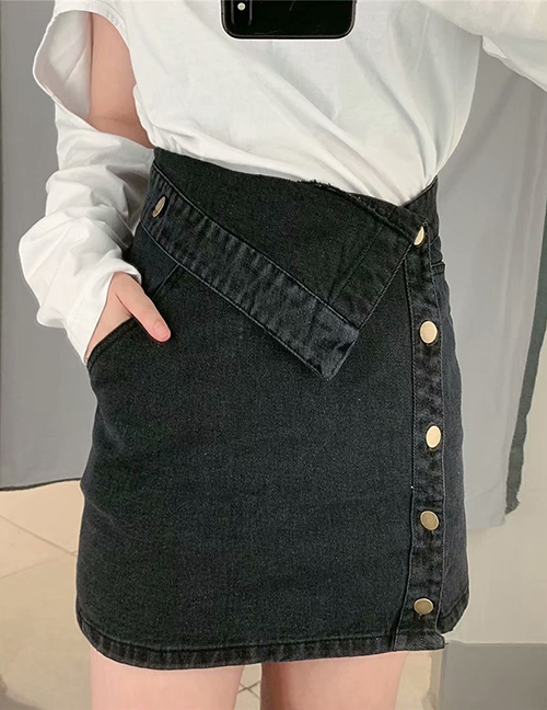 Fashion Black Cuffed Denim Irregular Skirt