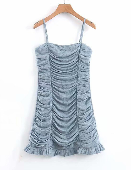 Fashion Gray Blue Dotted Printed Sling Pleated Dress
