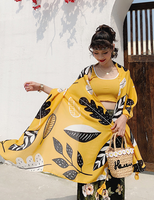 Fashion Yellow Leaves Cotton And Linen Printed Scarves