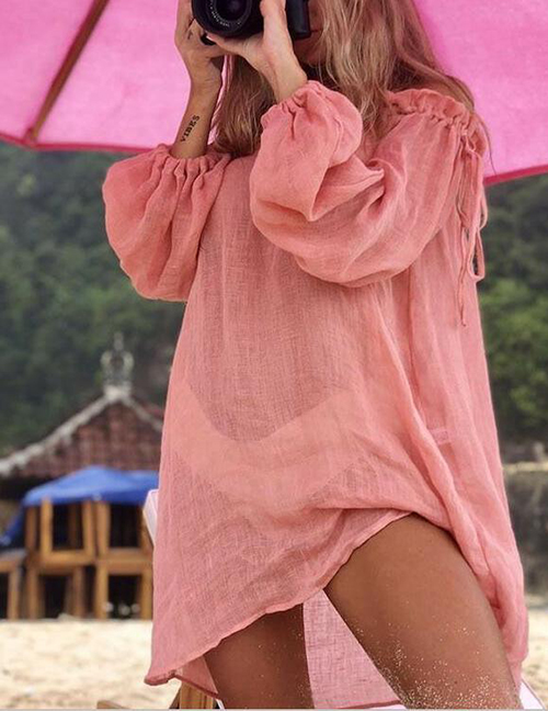 Fashion Pink Solid Color Drawstring Blouse