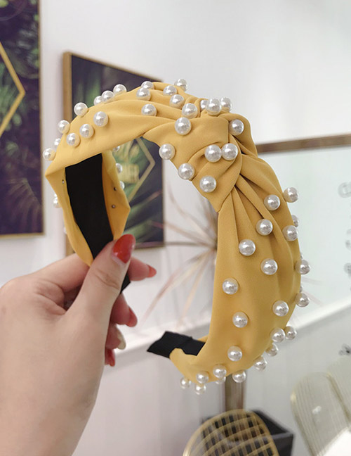 Fashion Yellow Cloth Beaded Knotted Wide-brimmed Headband