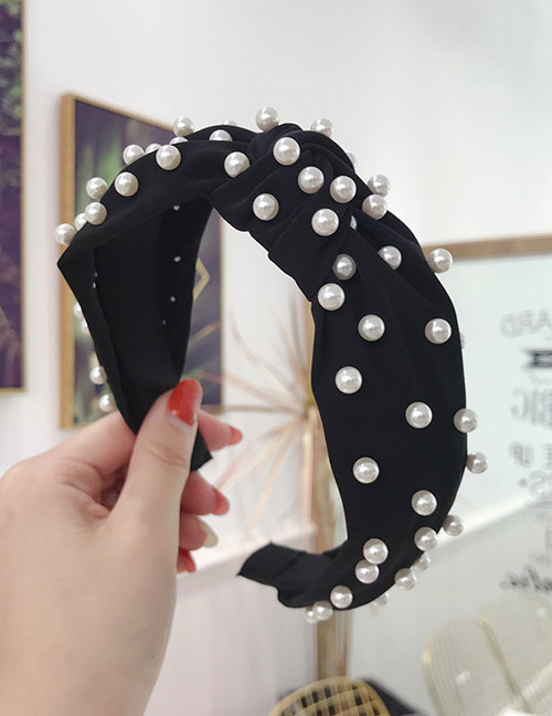 Fashion Black Cloth Beaded Knotted Wide-brimmed Headband