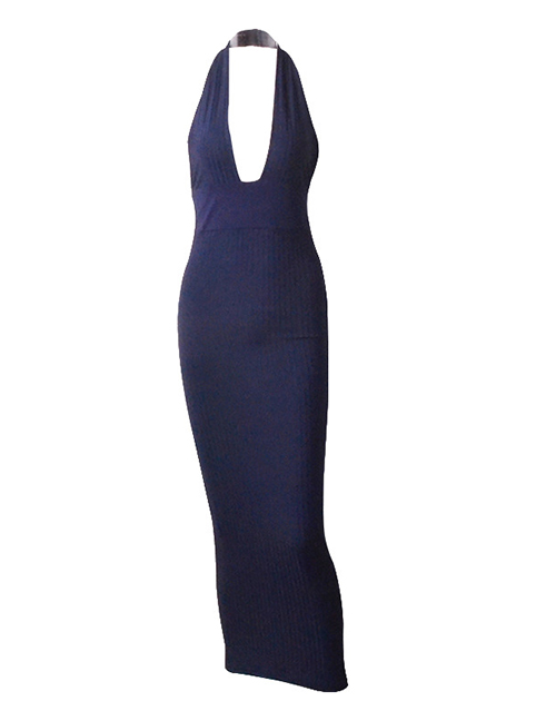 Fashion Blue Halter Deep V-neck Halter Openwork Dress
