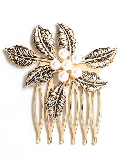 Fashion Gold Diamond Leaf Pearl Hair Comb