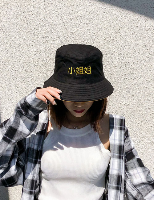 Fashion Miss Sister Black Embroidery Fisherman Hat