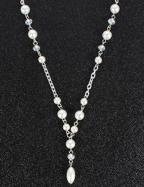 Fashion White K Imitation Pearl Drop Tassel Necklace