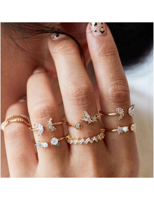 Fashion Gold Open Set Of Diamond Butterfly Flower Ring Set Of 7
