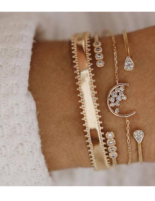 Fashion Gold Chain With Diamond Drop Moon Open Bracelet 4 Piece Set