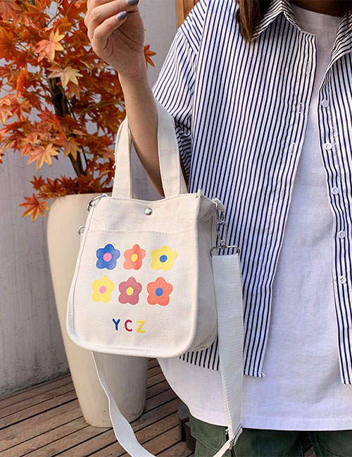 Fashion White Flower Contrast Canvas Crossbody Tote