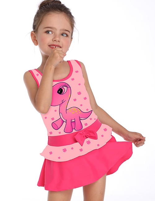Fashion Pink Dinosaur Print Flamingo Skirt Children's Swimsuit