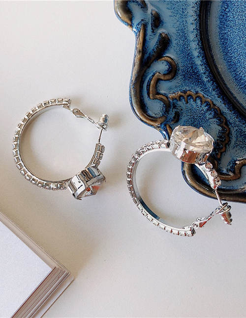 Fashion Silver  Silver Needle Diamond Drill Ring Large Gemstone Earrings