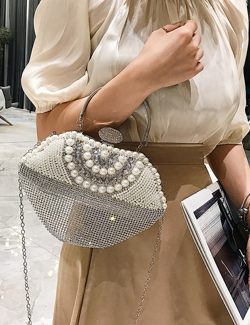 Fashion Silver Pearl-studded Evening Shoulder Messenger Bag