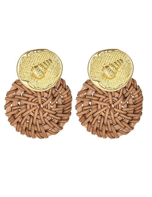 Fashion Khaki Alloy Wood Braided Conch Round Earrings