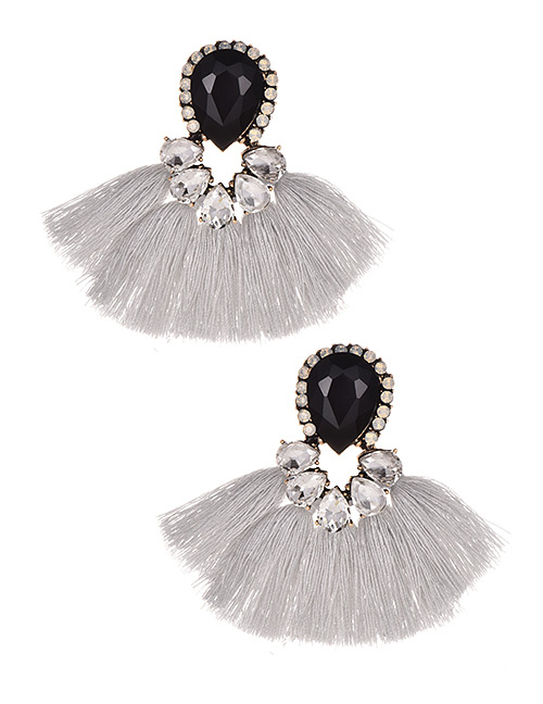 Fashion Gray + Black Alloy Diamond Drop Tassel Earrings