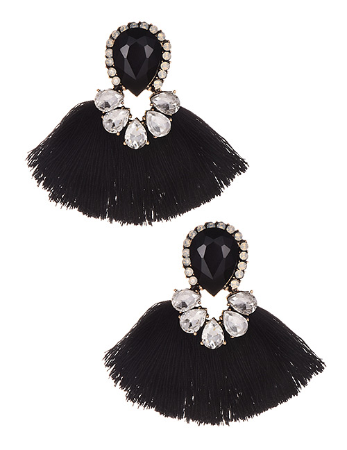 Fashion Black Alloy Diamond Drop Tassel Earrings