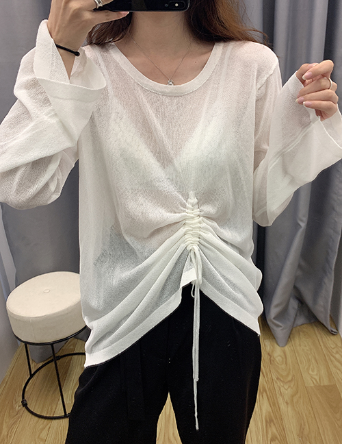 Fashion White Drawstring Ice Silk Sweater Sunscreen Blouse