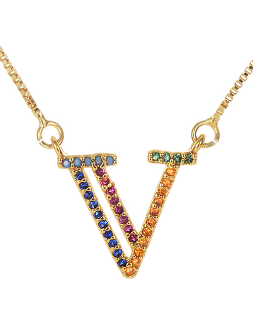 Fashion Golden V Copper Inlaid Zircon Letter Necklace
