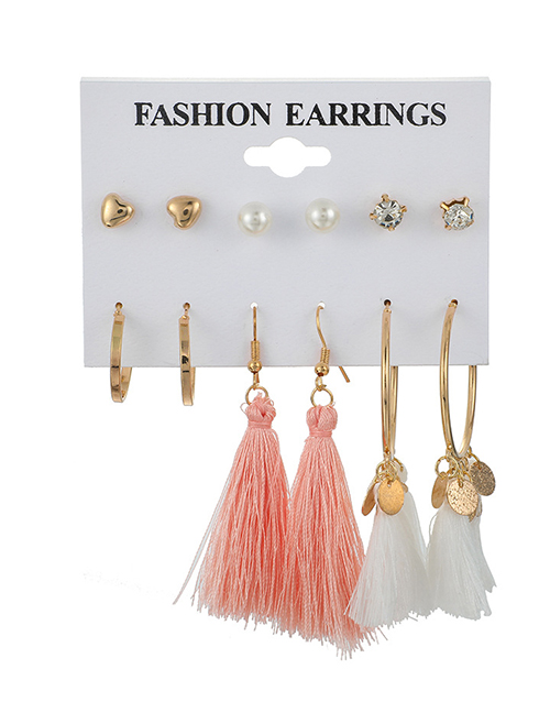Fashion Gold Geometric Tassel Love Pearl Earrings Set Of 6