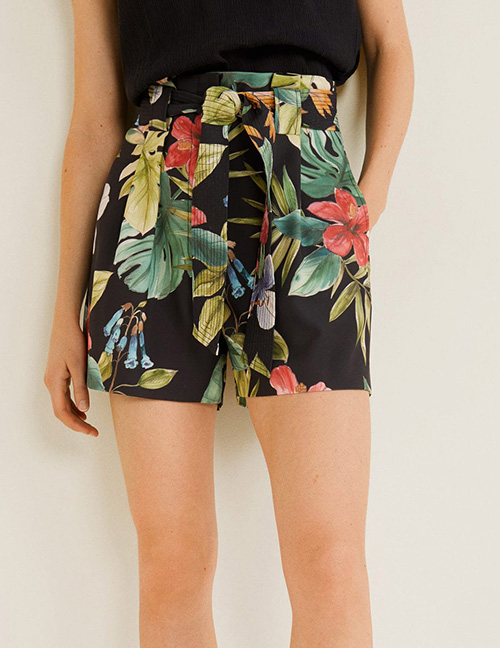 Fashion Color Flower Print Belt High Waist Shorts