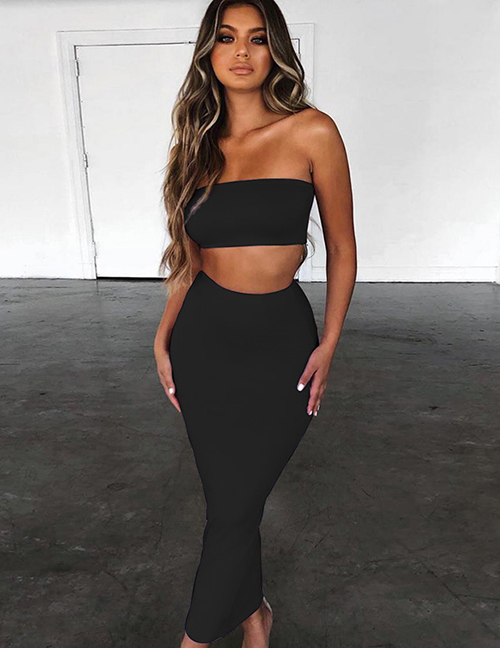 Fashion Black One Word Collar Exposed Umbilical Tube Top + High Waist Hip Skirt Suit