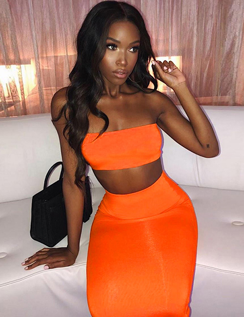 Fashion Orange One Word Collar Exposed Umbilical Tube Top + High Waist Hip Skirt Suit