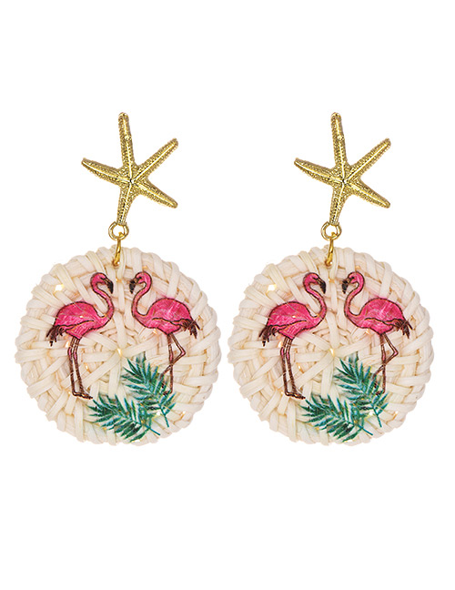 Fashion Flamingo White Alloy Wood Braided Starfish Round Earrings