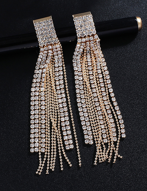 Fashion Gold + White Diamond Rhinestone Bead Chain Double Tassel Earrings