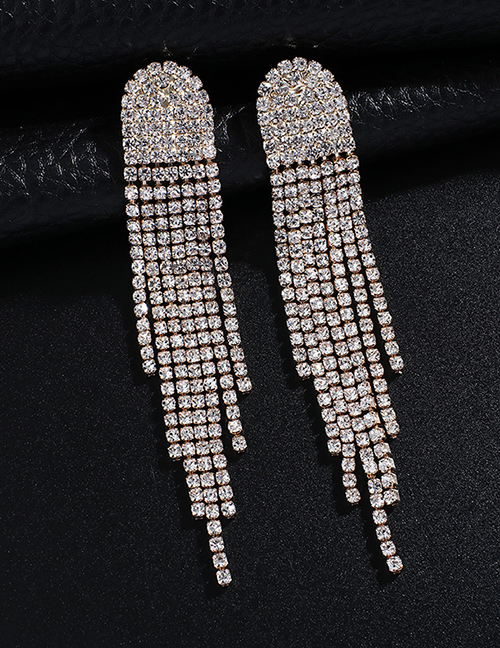 Fashion Gold + White Diamond Fringed Stud Earrings