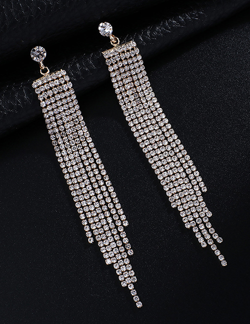 Fashion Gold + White Diamond Claw Chain Fringed Diamond Earrings
