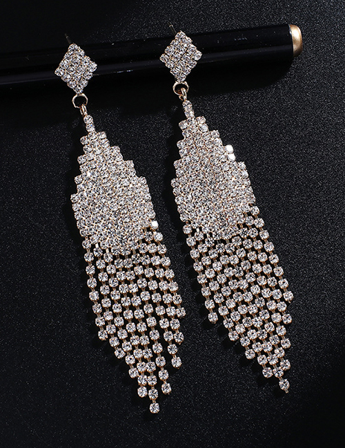 Fashion Gold + White Diamond Fringed Full Diamond Earrings