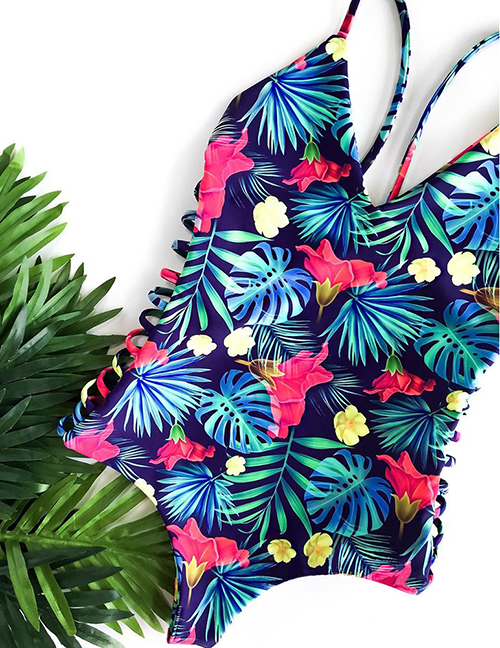 Blue Leaf Flower Printed Straps Openwork Backless One-piece Swimsuit