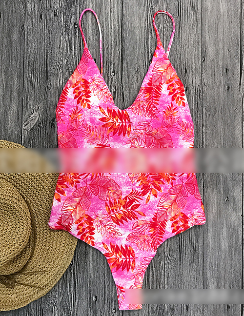 Pink Flower Printed Straps Openwork Backless One-piece Swimsuit