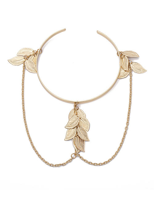 Fashion Gold Geometric Leaves Tassel Chain Open Arm Bracelet