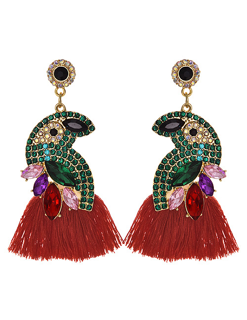 Fashion Red + Green Alloy Diamond-studded Bird Tassel Earrings