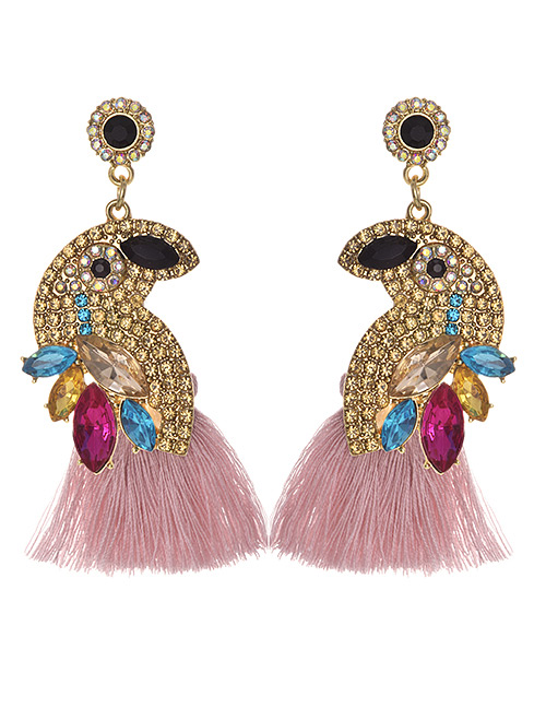 Fashion Pink + Champagne Alloy Diamond-studded Bird Tassel Earrings