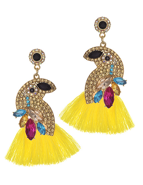 Fashion Yellow + Champagne Alloy Diamond-studded Bird Tassel Earrings