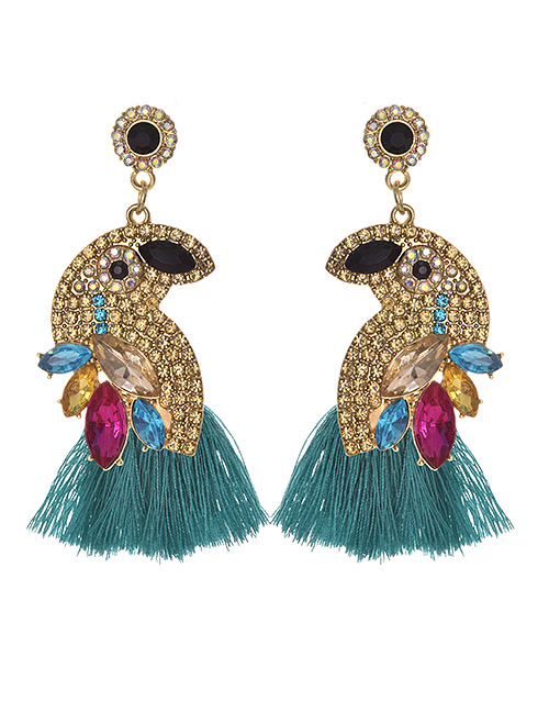 Fashion Lake Green + Champagne Alloy Diamond-studded Bird Tassel Earrings