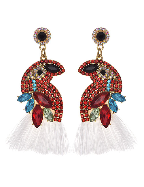 Fashion White + Red Alloy Diamond-studded Bird Tassel Earrings