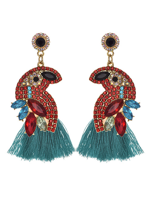 Fashion Lake Green + Red Alloy Diamond-studded Bird Tassel Earrings