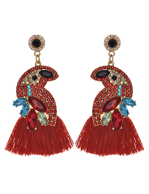 Fashion Red Alloy Diamond-studded Bird Tassel Earrings