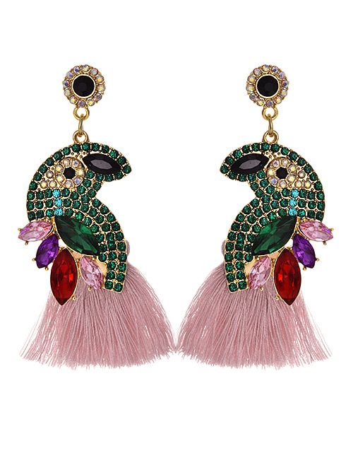 Fashion Pink + Green Alloy Diamond-studded Bird Tassel Earrings
