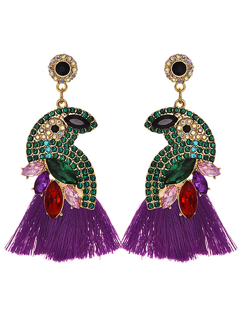 Fashion Purple + Green Alloy Diamond-studded Bird Tassel Earrings