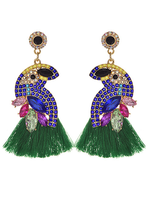 Fashion Green + Royal Blue Alloy Diamond-studded Bird Tassel Earrings