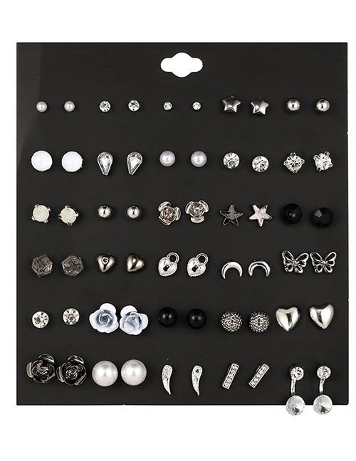 Fashion Silver + Black Alloy Acrylic Butterfly Pearl Love Set 30 Pairs